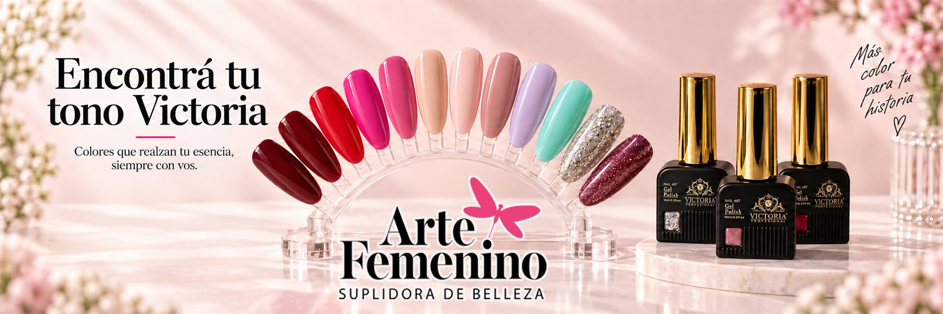 Esmaltes semipermanentes Victoria con muestrario de tonos profesionales en Arte Femenino Costa Rica.